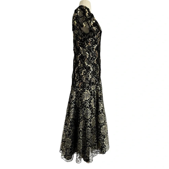 Vintage 80s Sequin Evening Dress Black Gold Floral Lace Size Small Formal - Picture 2 of 14